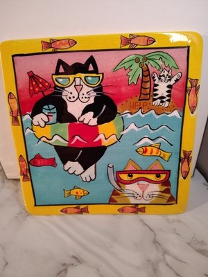 Catzilla Candace Reiter Tile/Trivet Handpainted Two Cats Swimming Whimsical 
