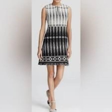 Women's Tory Burch Black White Geometric Woven Fringe Mini Dress Size 2 NWTS