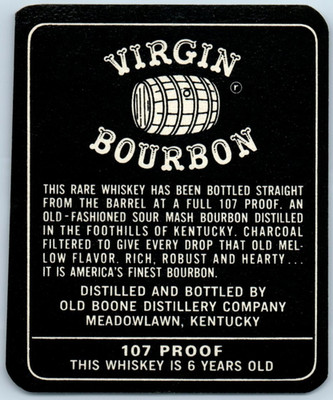 1930s-40s Virgin Bourbon 107 Proof Old Boone Distillery Co Bottle Label F224