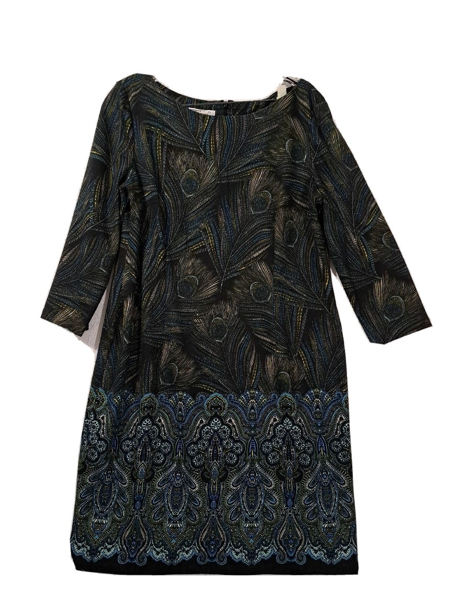 London Style Collection Women Midi Dress Black Aqua. Peacocks Feather Print  16