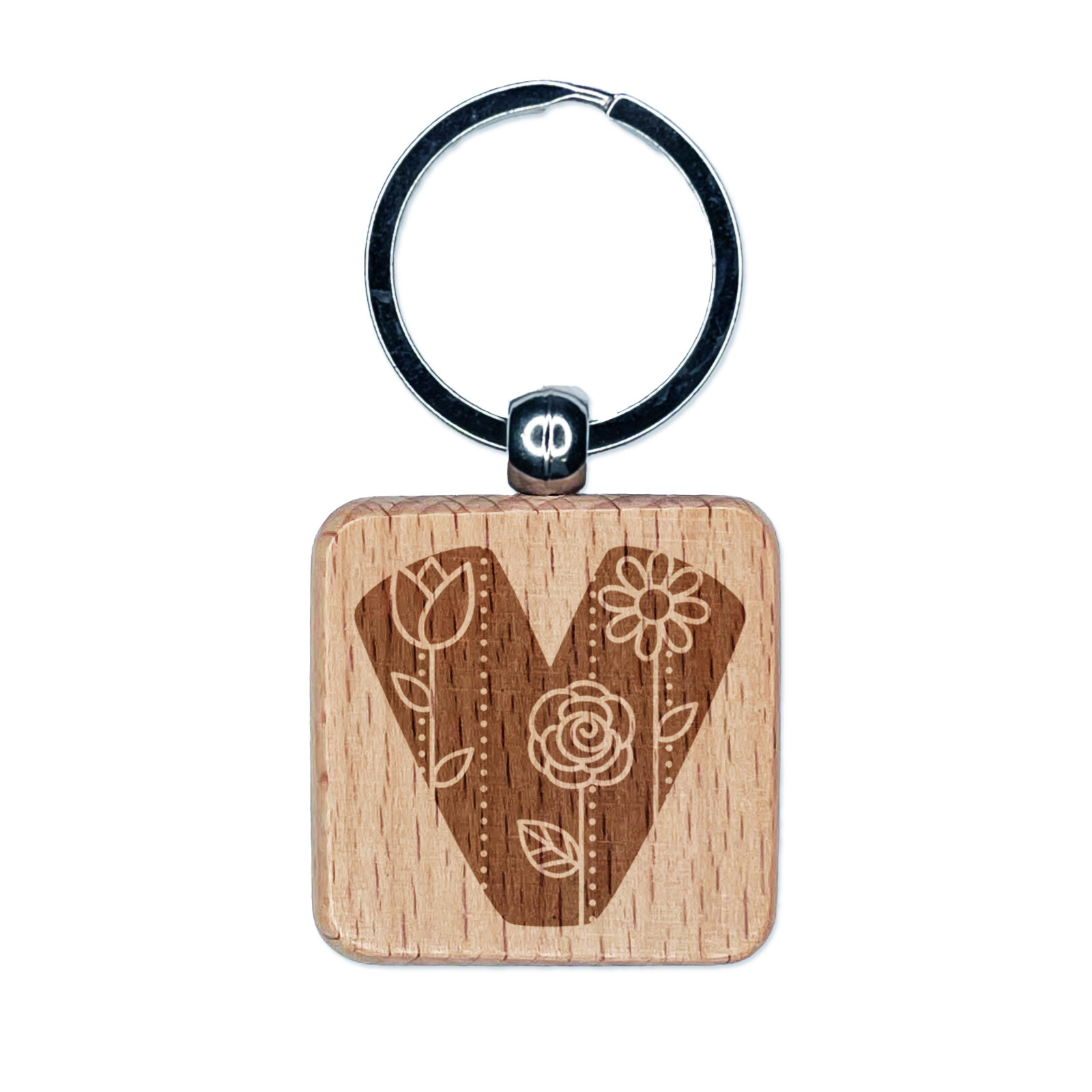 Sweet Floral Engraved V Initial Wood Keychain