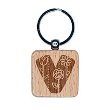 Sweet and Cute Flowers Rounded Block Letter V Engraved Wood Square Keychain
