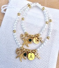 Baptism Baby Bracelet, White Pearl Bead, Custom, Gold Charms, Interfaith, Adults