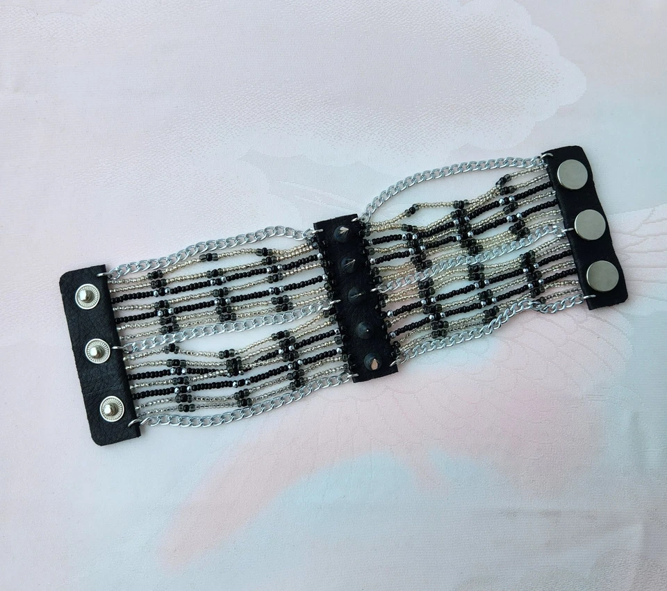 Handmad Rocker Biker Punk Cuff Bracelet "Black Riot" Gothic Chains and Spikes - Image 2 of 4