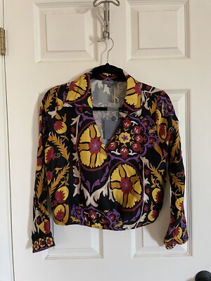Haute Hippie Women’s Geo Floral Print Long Sleeve Crossover Cropped Blouse  Large