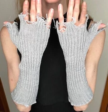 Knit Fingerless Gloves Gray Arm Warmers Ripped Sleeves Sweater Distressed Gothic