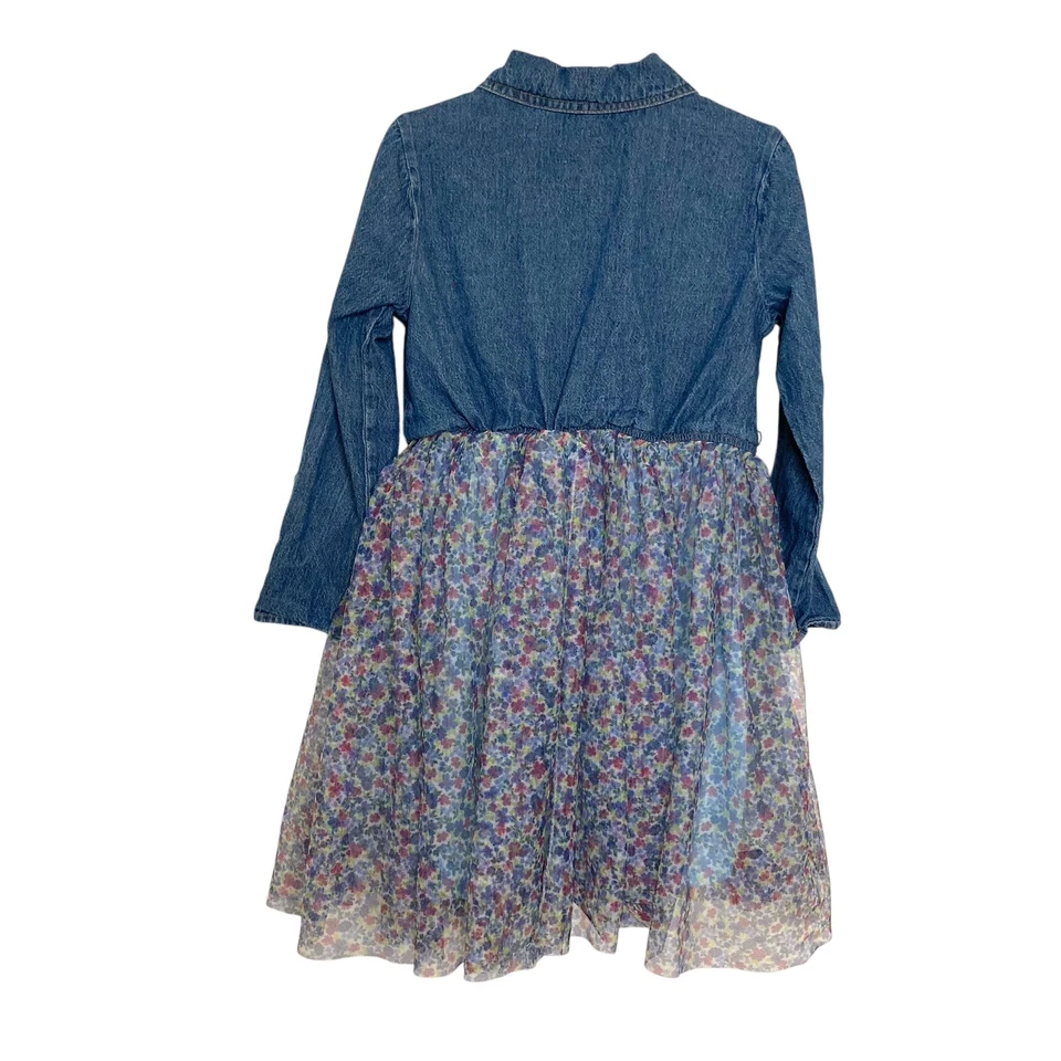 Vestido floral de tule para meninas Zunie, azul, blusa jeans, mangas roll up tamanho 8 - Imagem 2 de 4