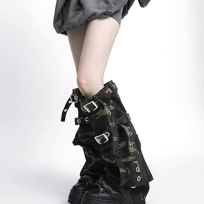 Green Camouflage Print Waterproof Denim Leg Warmers Punk Girl strappy Socks for - Image 2 of 4