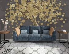 3D Relief Money Tree Gold Luxury Self-adhesive Removeable Wallpaper Wall Mural