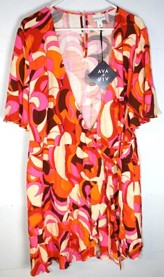 Ava Viv V Neck Tie Wrap Dress Orange Absract 1X