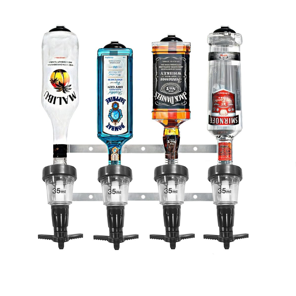 4 Bottle Wall Fixing Bracket + 4 Black  35ml Optic Spirit Measures Bar Pub
