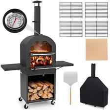 Outdoor Pizza Oven w/ Protective Cover & 2 Side Grill Rack Built-in Thermometer