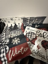 4 Pillow Covers Merry Christmas Trees Ornaments Hello Winter Red White And Black