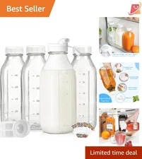 Glass Milk Bottles 4 Pack 32oz Airtight Lids Dispenser Scale for Drinking Sto...