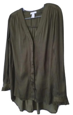 H&M Top 4 Olive Green Silky Long Sleeve High Low Hem Button Down Shirt Blouse S
