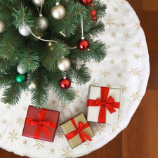 48" White Faux Fur Christmas Tree Skirt Gold Snowflakes Xmas Base Cover
