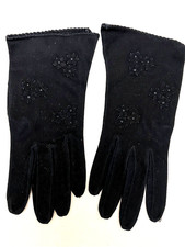 Vintage Dark Blue Soft Suede Leather Mid Length Floral Embroidered Gloves