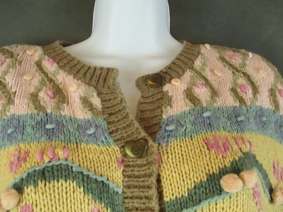 Suéter Maurices Mujer Mediano Tejido a Mano Bobble Cárdigan Corazones Floral Grueso Años 90 Foto 2 de 4