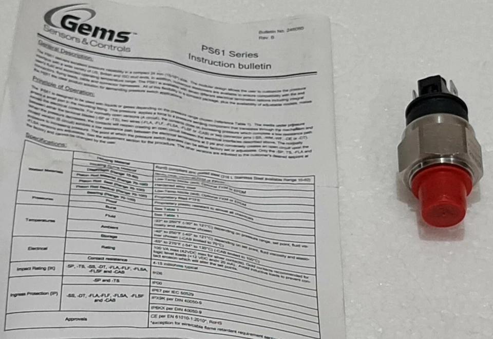 GEMS SENSORS PS61 GAS/LIQUID PRESSURE SWITCH 251858-RS 123-6131 - Image 3 of 4