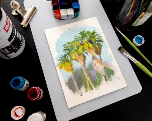 Original Palms Trees Still Life Gouache Painting, Colorful Nature Landscape Art - Picture 7 of 13