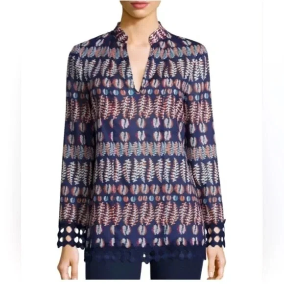 Tory Burch Fern 印花钩针花边束腰上衣蓝色小号棉质波西米亚