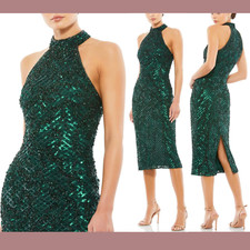 NWT $398 MAC DUGGAL [ 14 ] Sequined Halter Midi Dress in Bottle Green #G1473