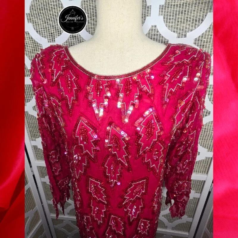 Scala Vintage 80's Red 100% Silk Sequin and Beaded Leaf Handkerchief Hem Dress - Image 3 of 4