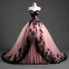 Gothic Pink Wedding Dresses Strapless Ruffled Black Lace Applique Bridal Gowns