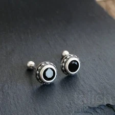 Sterling Silver Star Edge Black CZ Screw Back Ball Double Sided Stud Earrings