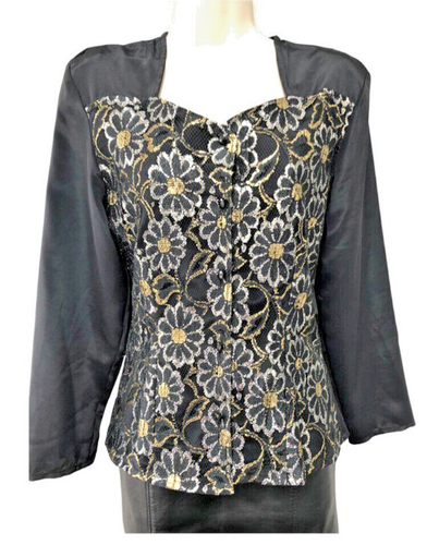 Vintage Blouse 80s Black Top Womens Size 8 10 Dramatic Gothic Satin Gold Retro - Picture 6 of 13