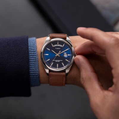 Timex Legacy Day/Date Stainless Steel Leather 41mm Silver Blue