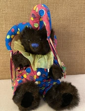 Hand made 12” Teddy Bear Tan Fur Fully Jointed Court Jester Vintage Polka Dot