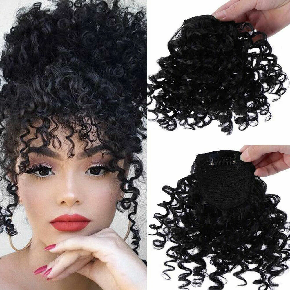 Women Black Fringe Bangs Natural Curly Wavy Fluffy Long Hair