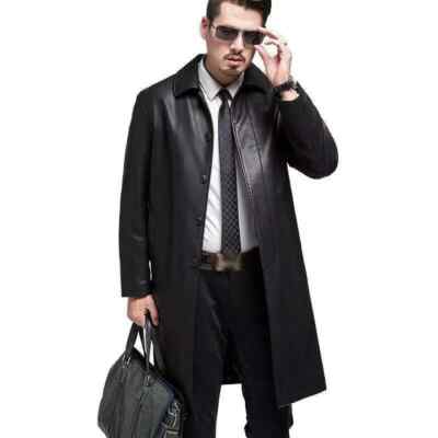Trench Coat Overcoat Black Handmade Business Leather Stylish Men's Real Lambskin