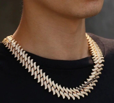 19 mm VVS Moissanite Mens Curve Spiked Cuban Link Necklace 925