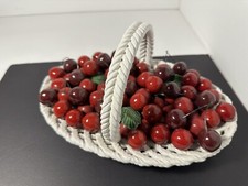 Vintage Large Capodimonte Cherry Cherries Metal Stems in Woven Basket Italy