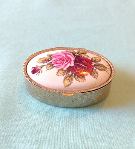Pink Snuff Box Vintage Italy Oval Ceramic Lid Pink And Red Rose Pill Stash Snuff Box ...