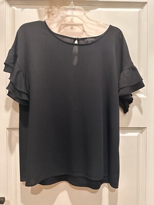 LOFT Flutter short sleeve Ladies blouse size M black Front-polyester Back-Rayon