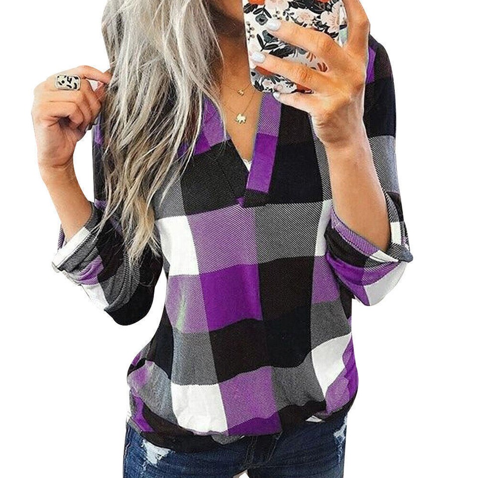Womens Plaid Check Long Sleeve Tops Shirts Ladies V Neck Loose Blouse T