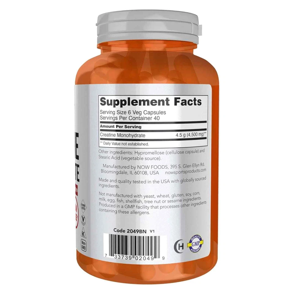 Monohidrato de creatina NOW 750 mg 240 cápsulas vegetales, construcción masiva, producción de energía Foto 2 de 4
