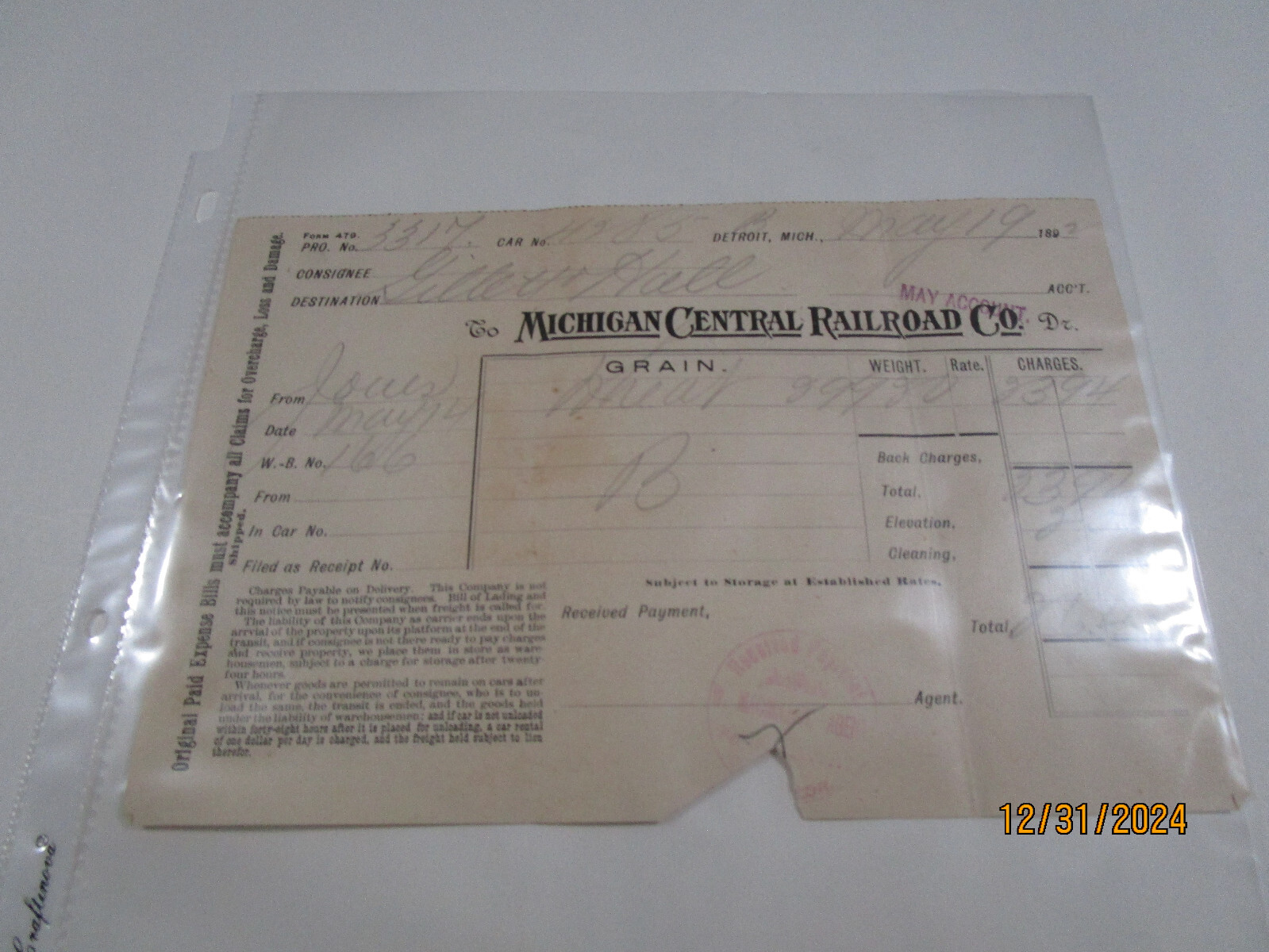 Michigan Central Railroad Shipping Reciept May  19 1892 Ephemera