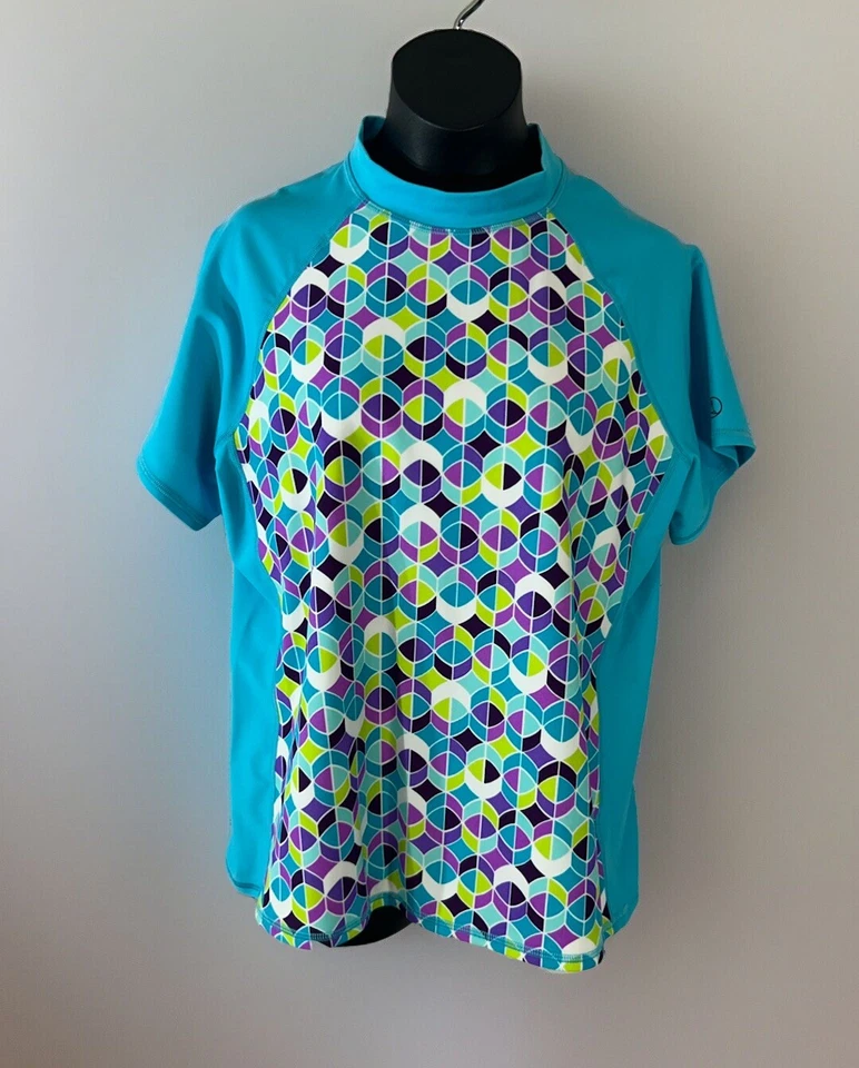 Traje de baño Lands End Top niñas talla XL 16 + azul verdoso con diseño púrpura manga corta Foto 2 de 4