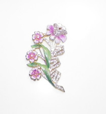 VINTAGE PINK  PURPLE RHINESTONE  ENAMEL FLORAL BROOCH 3 1/2"