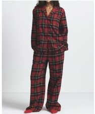 SKIMS Plannel Sleep Pajama Set Size S Brick Holiday Red Plaid With Logo 