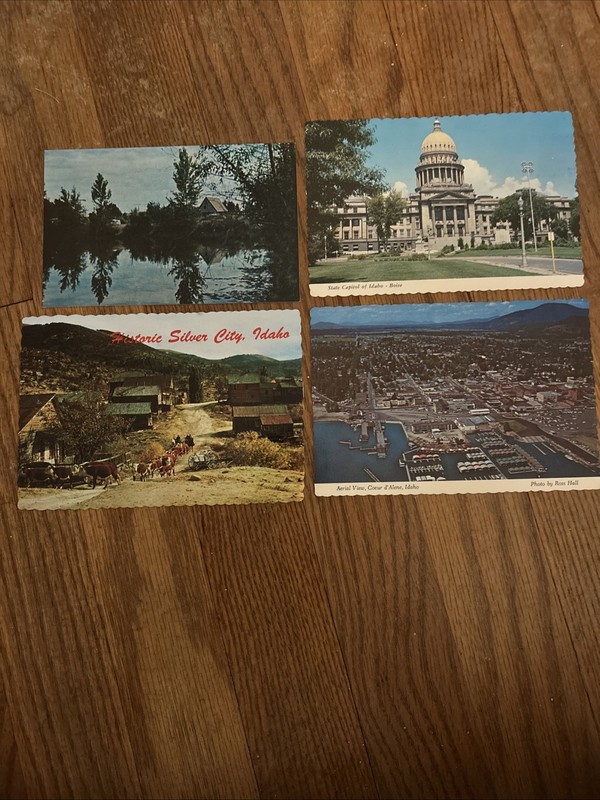 (4) Idaho USA Postcards:Coeur d’Alene/Boise State Capital/Caldwell/Silver City