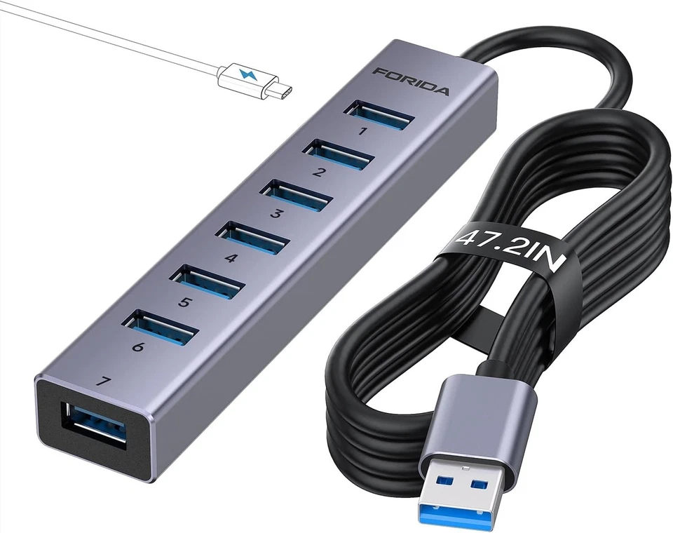 USB Hub, 8-Port USB 3.0, Schnell Daten, 15W Lade, Aluminium, 120cm Kabel - Bild 3 von 4