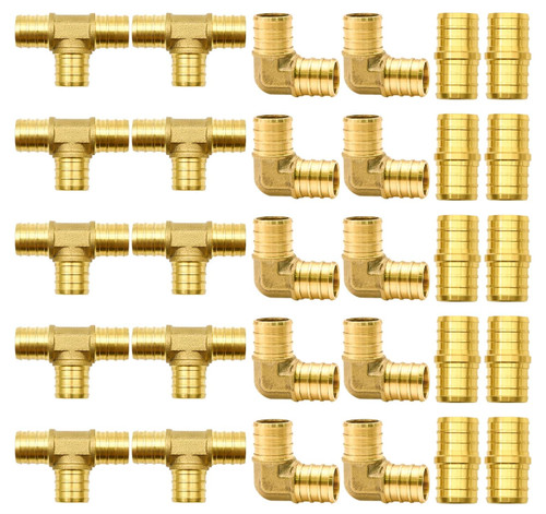 30 conectores PEX 3/4" latón, codos, tees y uniones resistentes