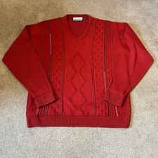 Vintage Tom Hanson Red V-neck Funky Patterned Wool Blend Knit Sweater Medium