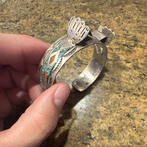 Silver Turquoise Inlay Hand Motif Cuff Bracelet, Native American made