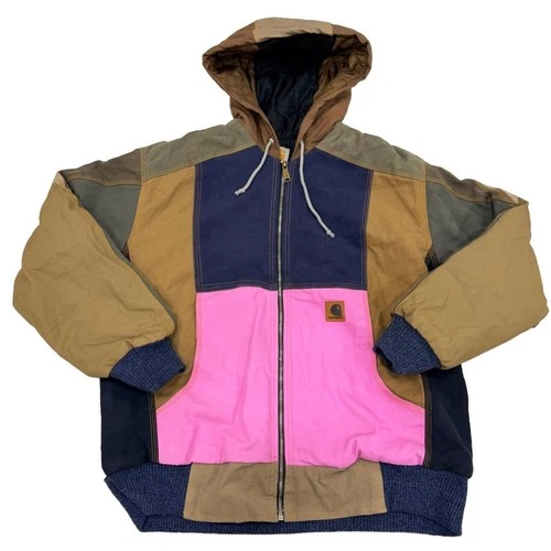 Carhartt Reworked Patchwork Hooded Jacket Multicolor Pink Quilted Lined Workwear - product listing photo
